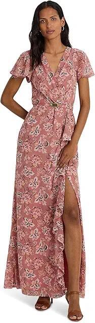 Lauren Ralph Lauren Floral Belted Flutter-Sleeve Gown (Pink Multi) Women's Dress Cover