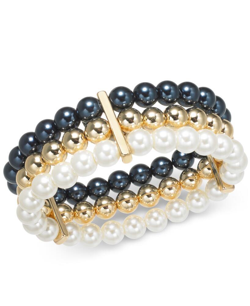 Charter Club Multi-Imitation Pearl Triple-Row Stretch Bracelet, Created for Macy's - Gold/Navy Cover