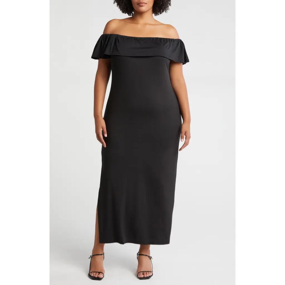 24seven Comfort Apparel Off the Shoulder Jersey Midi Dress in Black Cover