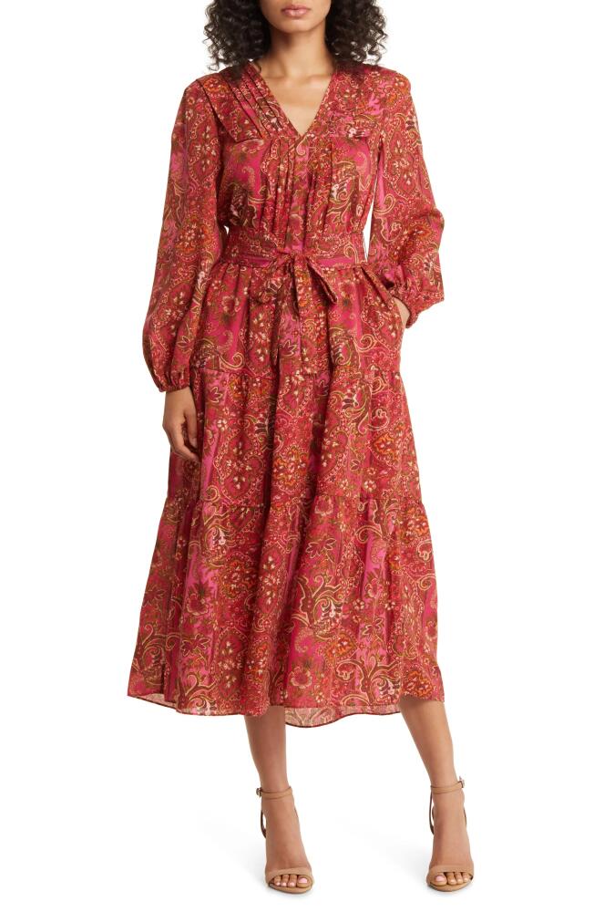 Julia Jordan Paisley Long Sleeve Belted Midi Dress in Red Multi Cover