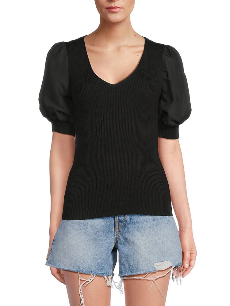 T Tahari Women's Puff Sleeve Ribbed Top - Black Cover