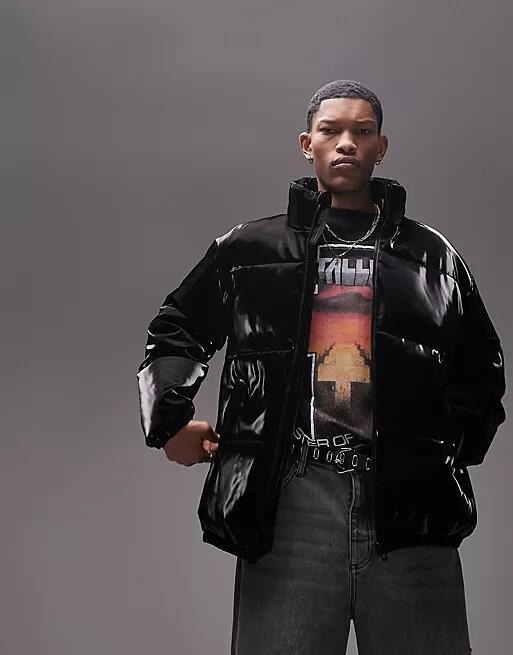 Topman vinyl puffer jacket in black Cover