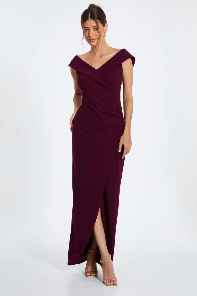 QUIZ Scuba Crepe Wrap Bardot Maxi Dress in Plum Cover