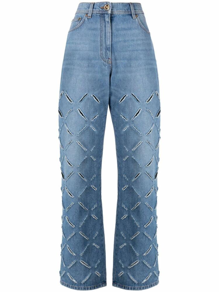 Versace rip-detailed straight-leg jeans - Blue Cover