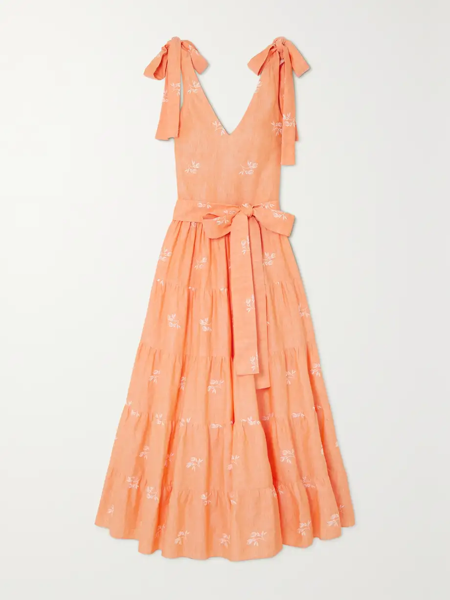 Erdem - Yesenia Bow-detailed Tiered Embroidered Cotton-blend Gauze Midi Dress - Orange Cover