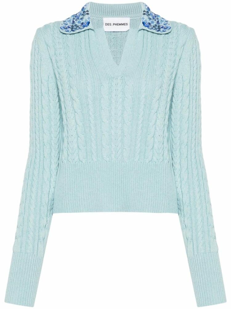 DES PHEMMES floral appliqué cable knit top - Blue Cover