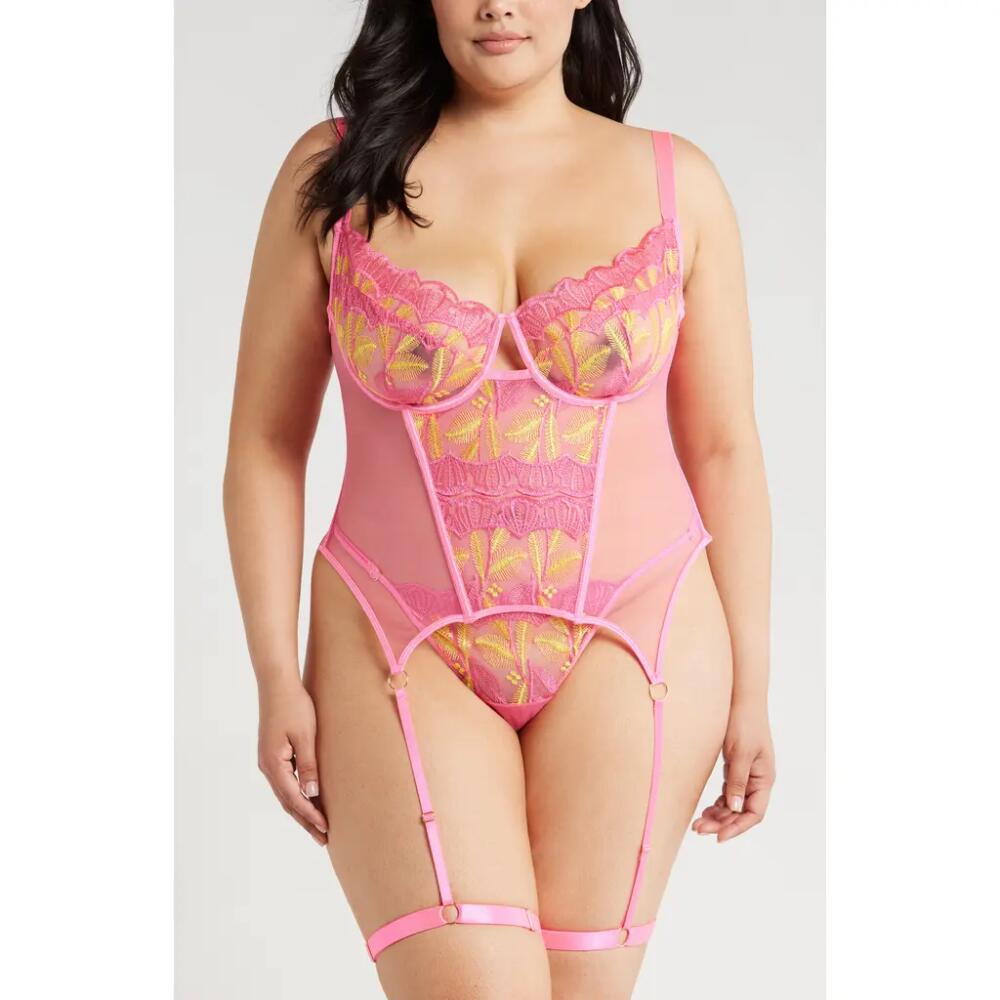 Coquette Embroidered Mesh Underwire Bustier with Garter Straps & Thong Set in Neon Pink Cover