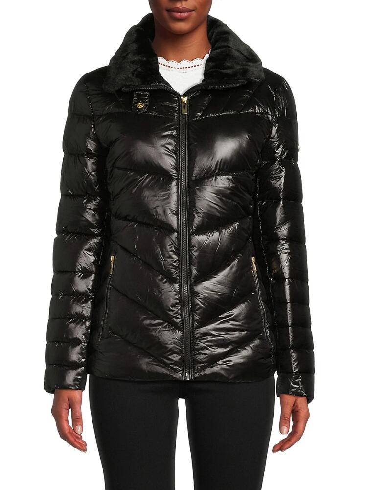 Via Spiga Women's Faux Fur Collar Puffer Jacket - Black Cover