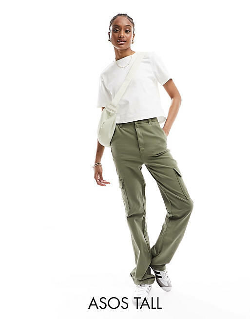 ASOS DESIGN Tall slim cargo pants with pockets in khaki-Green Cover