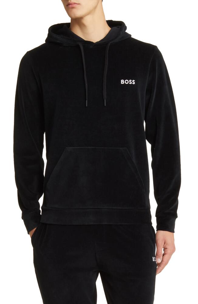 BOSS Heritage Logo Embroidered Velour Lounge Hoodie in Black Cover