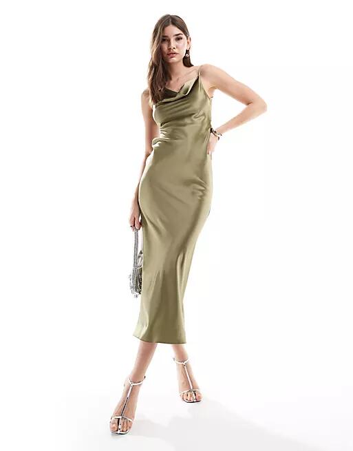 Miss Selfridge satin asymmetric cowl maxi dress in olive-Green Cover