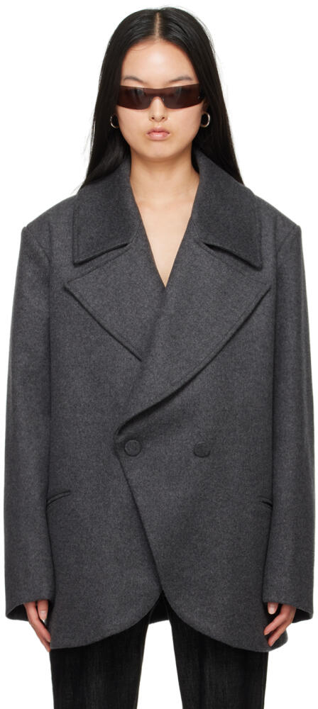 AARON ESH Gray Peaked Lapel Coat Cover