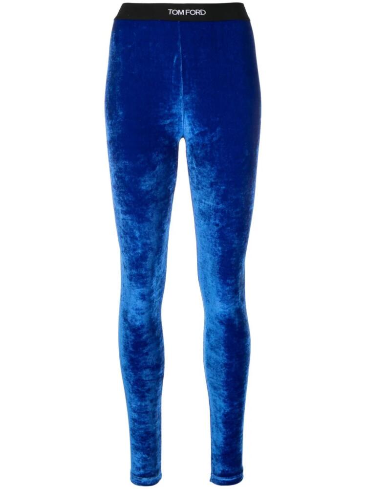 TOM FORD logo-waistband velvet leggings - Blue Cover