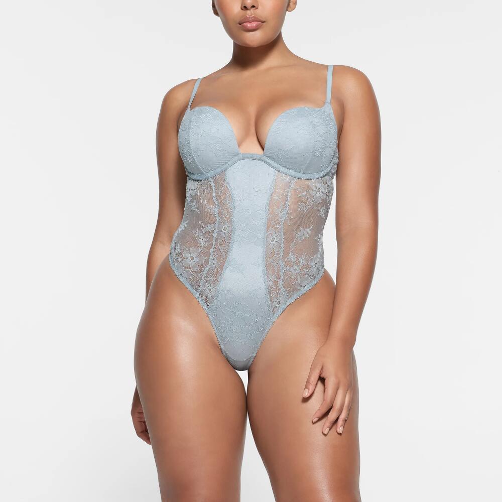 SKIMS Lined Plunge Bodysuit | Blue | Medium | Ultra Fine Lace Cover