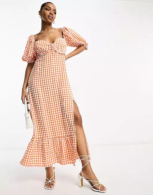 The Frolic gingham ruffle milkmaid midaxi dress in tangerine-Orange Cover