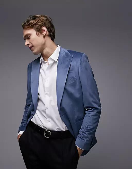 Topman skinny single breasted velvet blazer in blue Cover