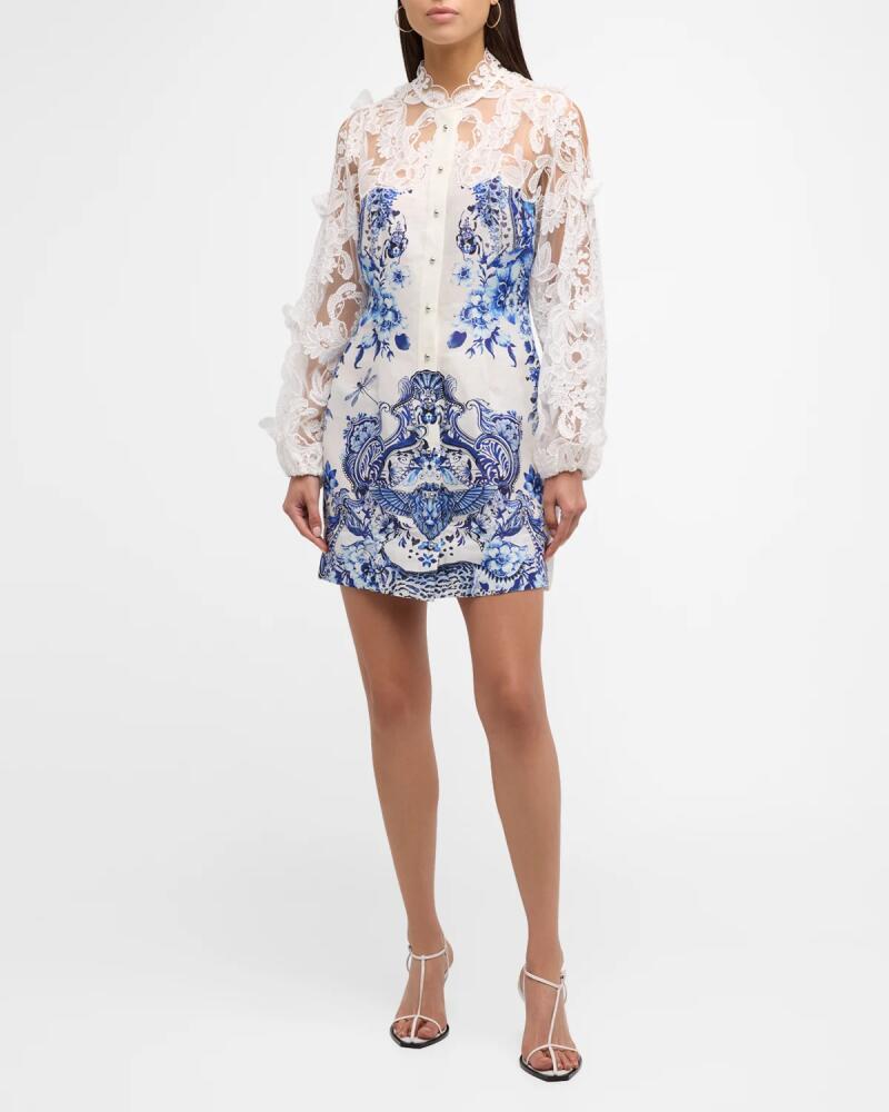 Camilla Butterfly Lace-Sleeve Button-Front Mini Dress Cover