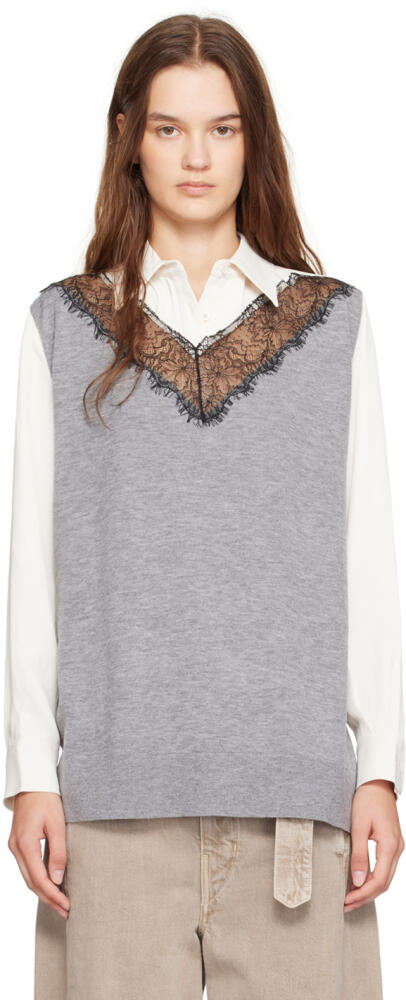 3.1 Phillip Lim Gray & Off-White Knit Combo Lace Long Sleeve Shirt Cover