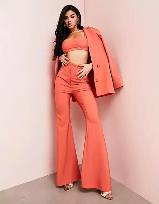 ASOS LUXE flared suit pants in cinnamon - part of a set-Orange Cover