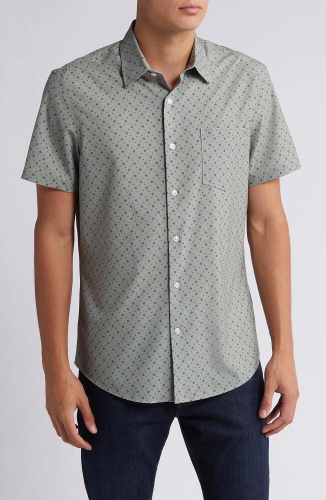 Nordstrom Trim Fit Geo Print Short Sleeve Stretch Button-Up Shirt in Green- Navy Geo Swirl Cover