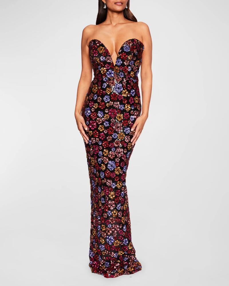 Marchesa Notte Strapless Plunging Floral Sequin Column Gown Cover