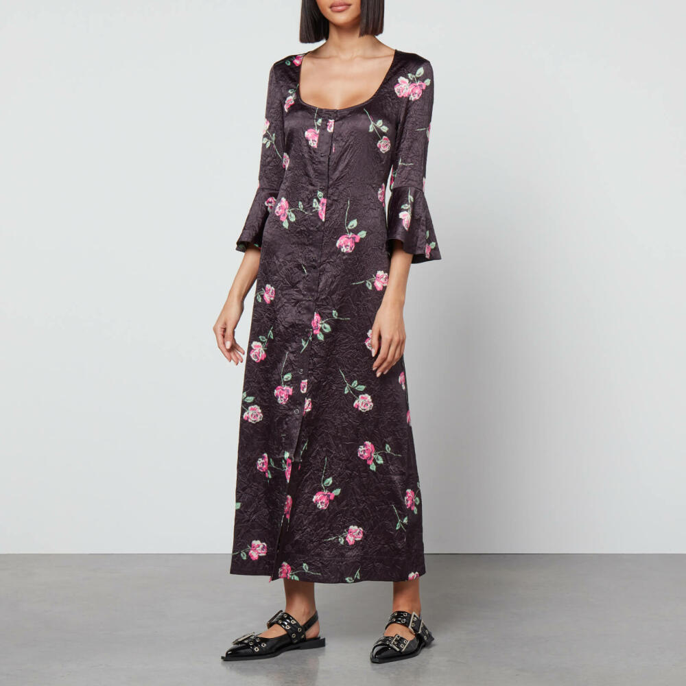 Ganni Floral-Print Crinkled Satin Midi Dress Cover