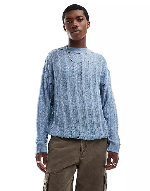 COLLUSION distressed cable knit lightweight sweater in blue Cover