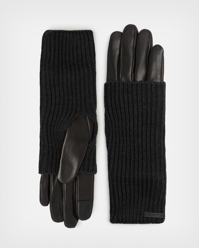 AllSaints Women's Leather Knitted Zoya Knit Cuff Gloves, Black Cover