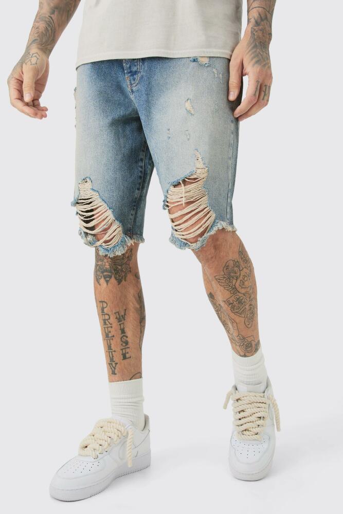 boohoo Mens Tall Relaxed Rigid Long Length Ripped Jean Shorts In Ice Blue Cover