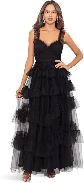 Betsy & Adam Long Ruffle Tier Mesh Dress (Black) Women's Dress Cover