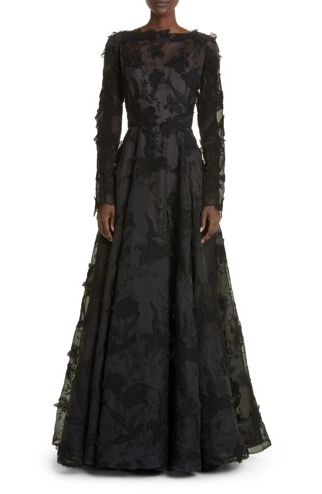 Jason Wu Collection Floral Embroidery Long Sleeve Silk Organza A-Line Gown in Black Cover