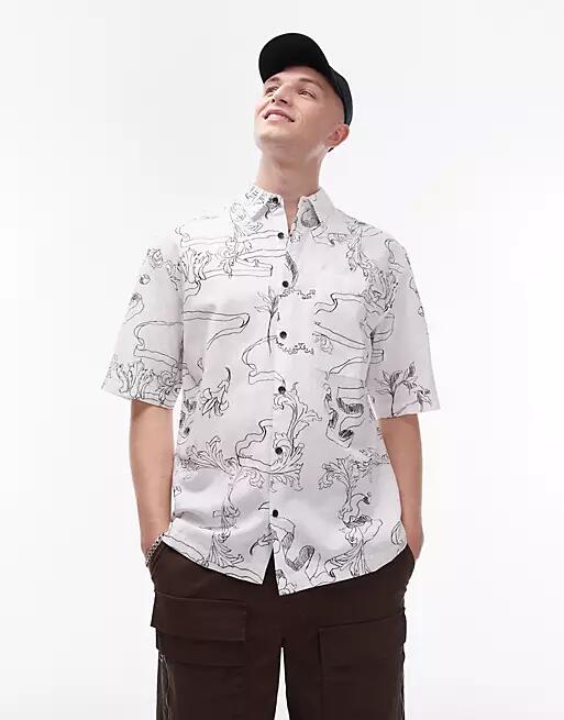 Topman short sleeve relaxed printed linen blend mix shirt in white Cover