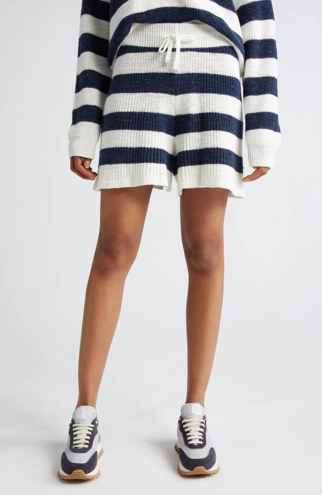 Eleventy Stripe Cotton & Linen Blend Drawstring Sweater Shorts in White And Navy Cover