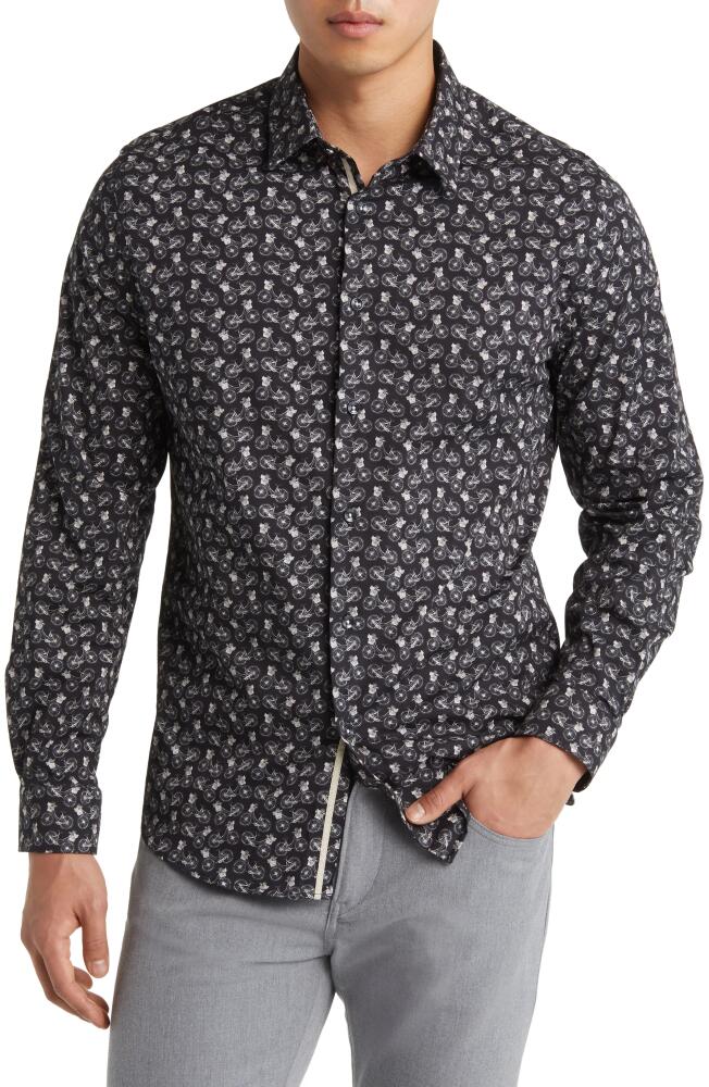 Stone Rose Bicycle Print Stretch Cotton Button-Up Shirt in Black Cover