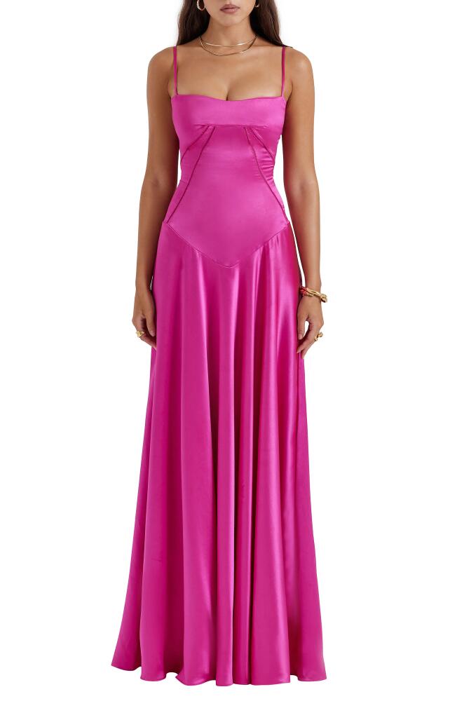 HOUSE OF CB Anabella Lace-Up Satin Gown in Fuschia Cover