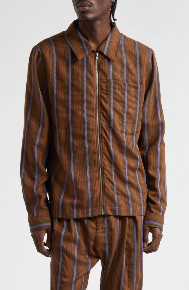 Wales Bonner Chorus Stripe Virgin Wool Zip Front Shirt in Brown And Blue Cover