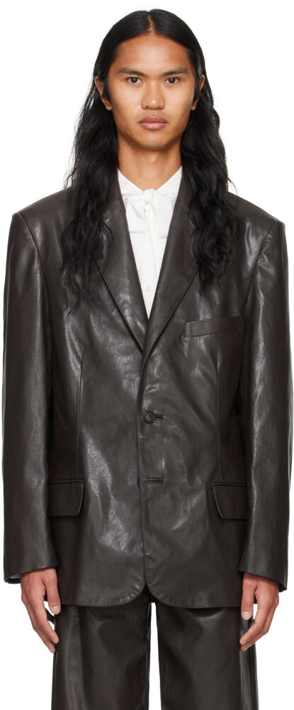 System Brown Button Faux-Leather Blazer Cover