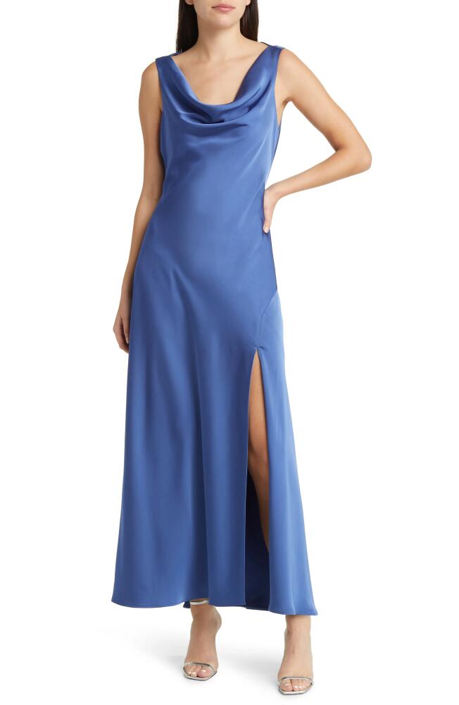 FLORET STUDIOS Cowl Neck Satin Midi Dress in Blue Cover