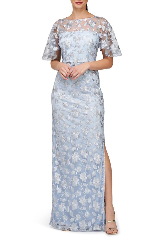 JS Collections Brooke Floral Embroidered Column Gown in Silver/Azure Cover