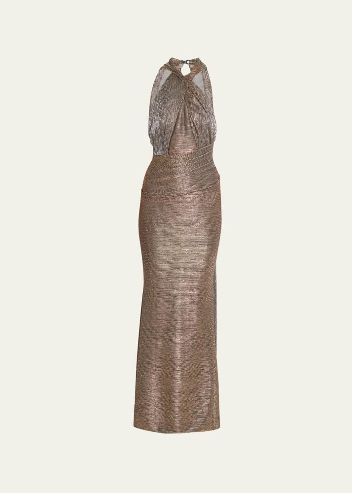 Talbot Runhof Sprinkled Metallic Voile Halter Gown Cover