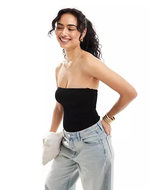 Bershka fine knit bandeau bodysuit in black Cover