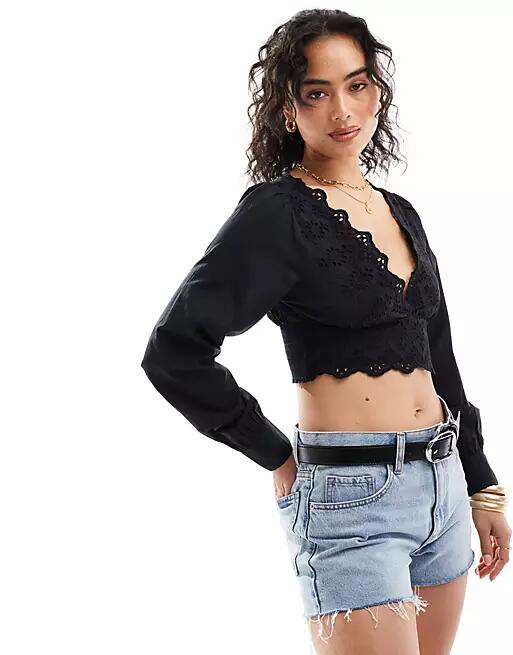 Only eyelet detail cropped blouse in black Cover