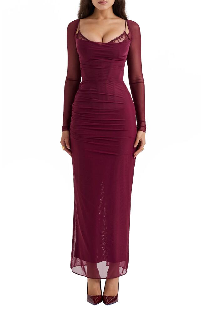 HOUSE OF CB Katrina Lace Mesh Long Sleeve Gown in Windsor Wine Cover