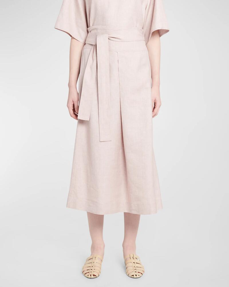 Loro Piana Ariel Spring Linen-Wool Belted Midi Skirt Cover