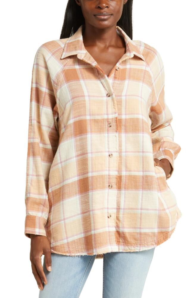 Lucky Brand Distressed Oversize Plaid Cotton Flannel Button-Up Shirt in Cafe Au Lait Plaid Cover