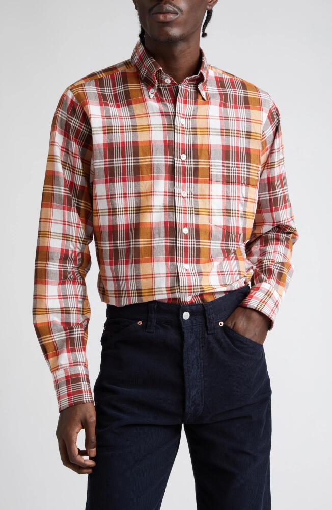 Drake's Madras Plaid Button-Down Shirt in Brown/Red Cover