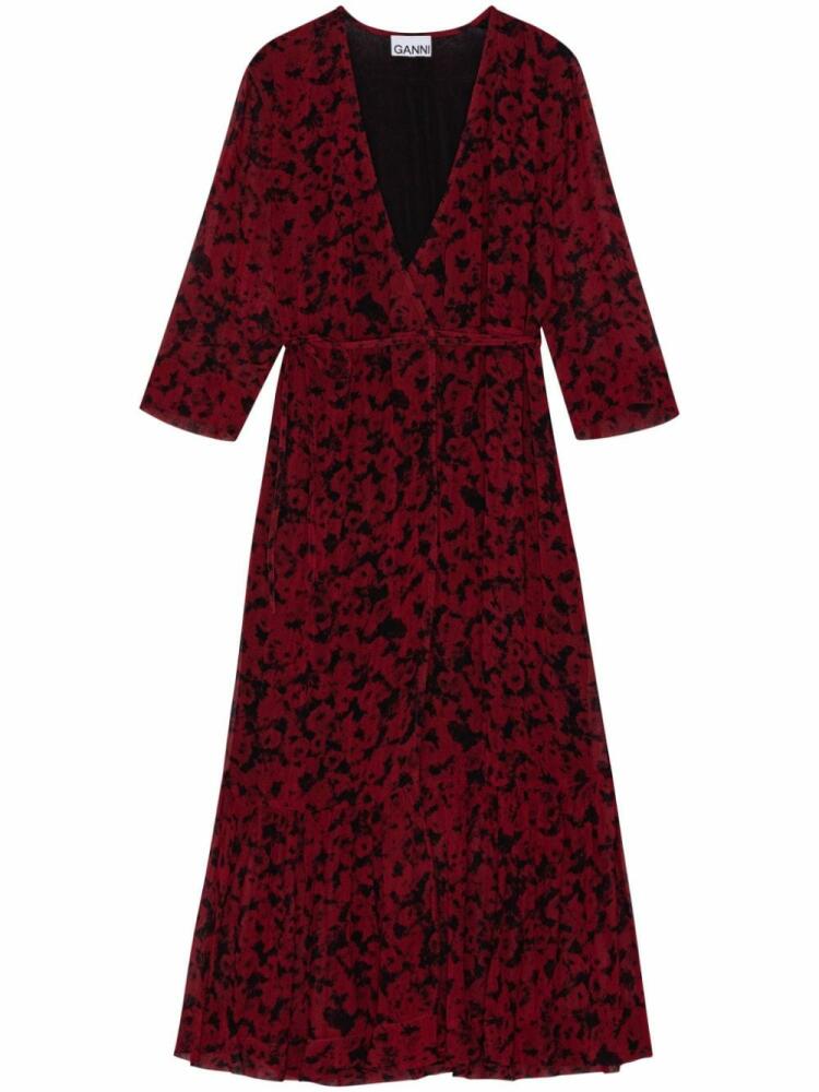 GANNI botanical-print wrap midi dress - Red Cover