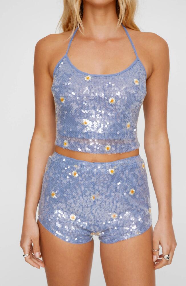 NASTY GAL Floral Embroidery Sequin Halter Crop Top in Blue/Silver Cover