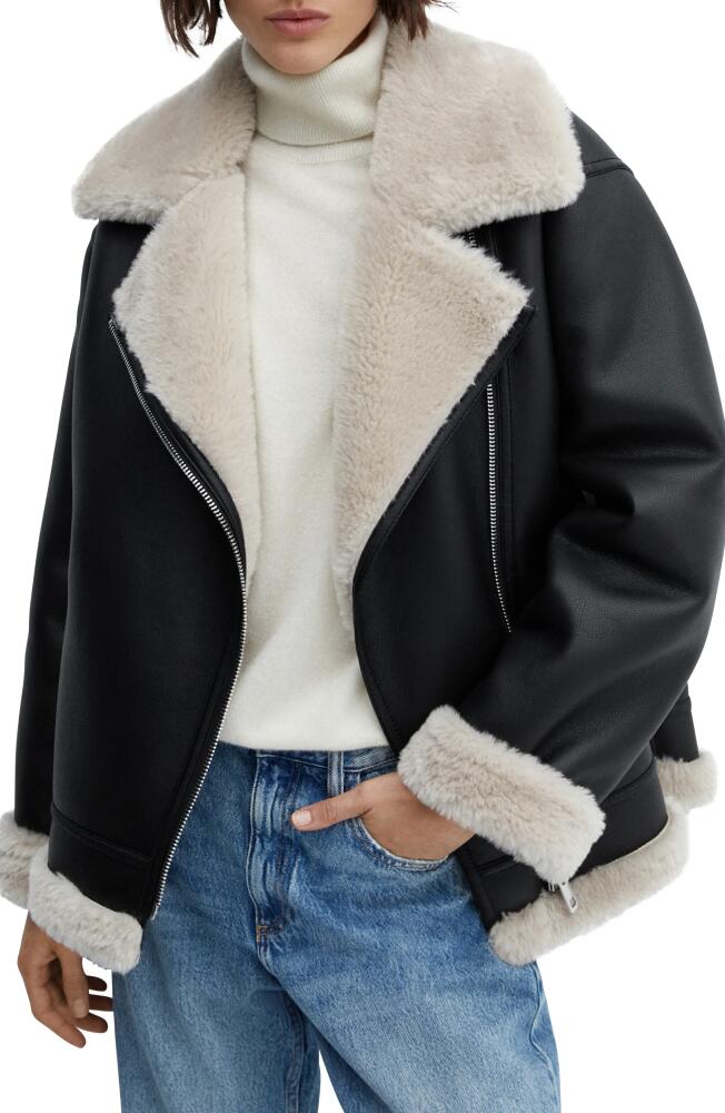 MANGO Faux Shearling & Faux Leather Moto Jacket in Black Cover