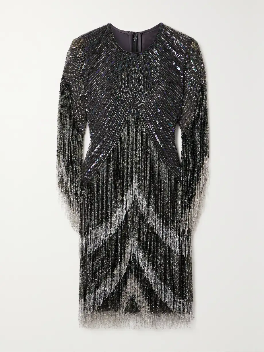 Naeem Khan - Fringed Embellished Tulle Mini Dress - Gray Cover